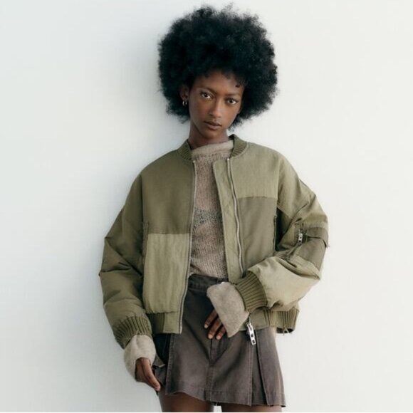 NWT Zara Patchwork Water Repellent Olive Green Bomber Jacket - Picture 1 of 6